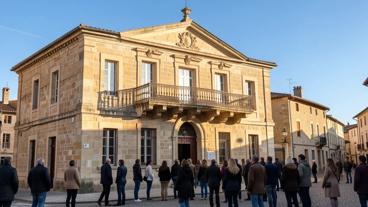 Generic image of a town hall facade in Occitanie, with stone architecture and an ornate balcony, bathed in warm afternoon sunlight. Blue sky.