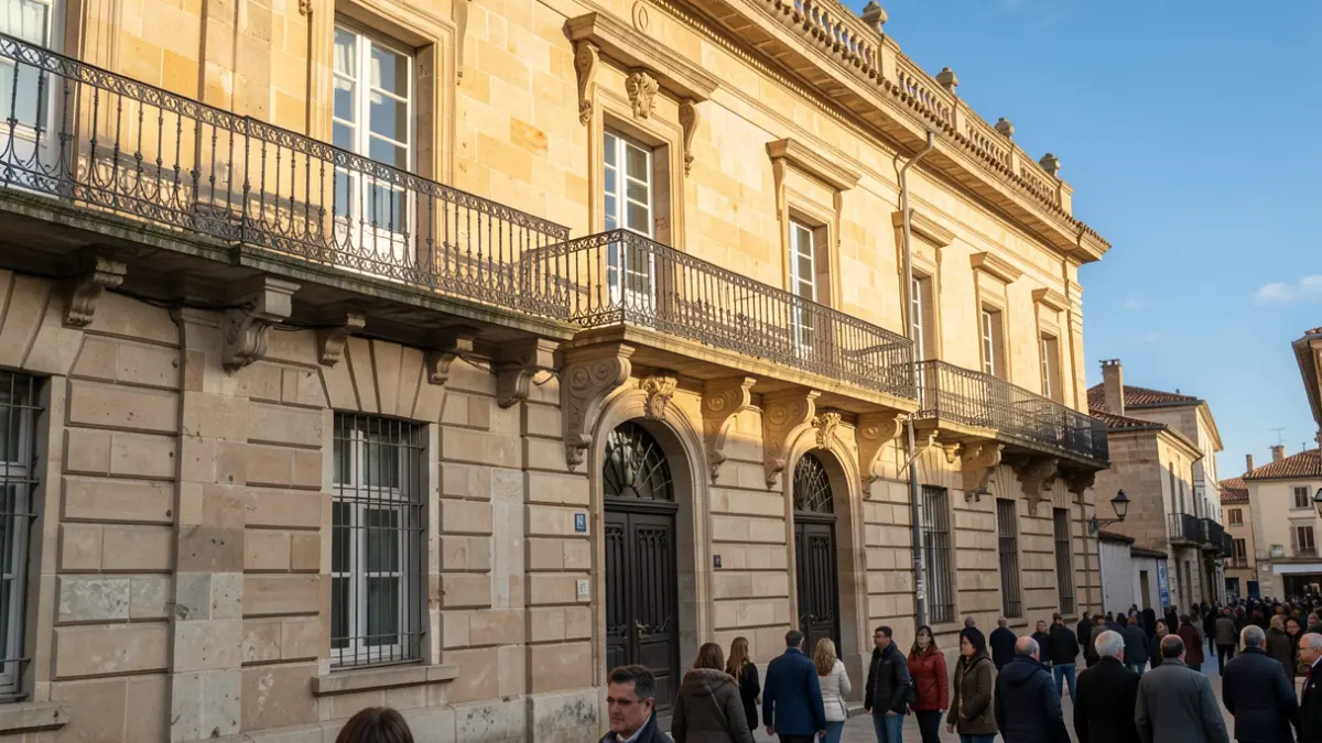 Generic image of a stone town hall facade in the South-West style, with an ornate balcony and iron railings, bathed in warm afternoon sunlight.