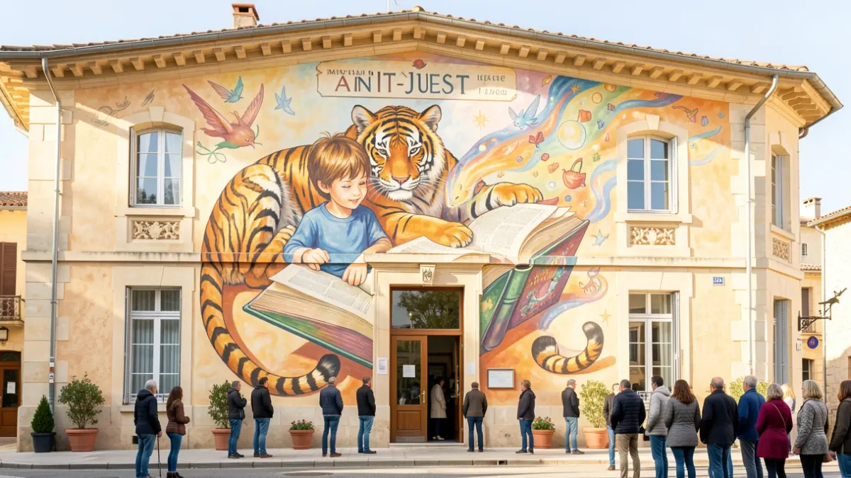 Fresque colorée en cours de réalisation sur la façade de la bibliothèque municipale de Saint-Just, représentant un enfant lisant avec un tigre.