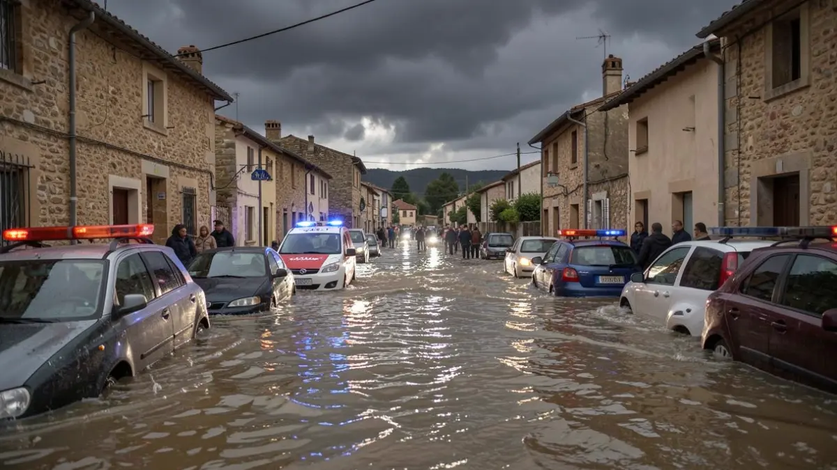 Generic image of flooded streets in a southern French village, with cars partially submerged and flashing blue and red emergency lights under a stormy sky.