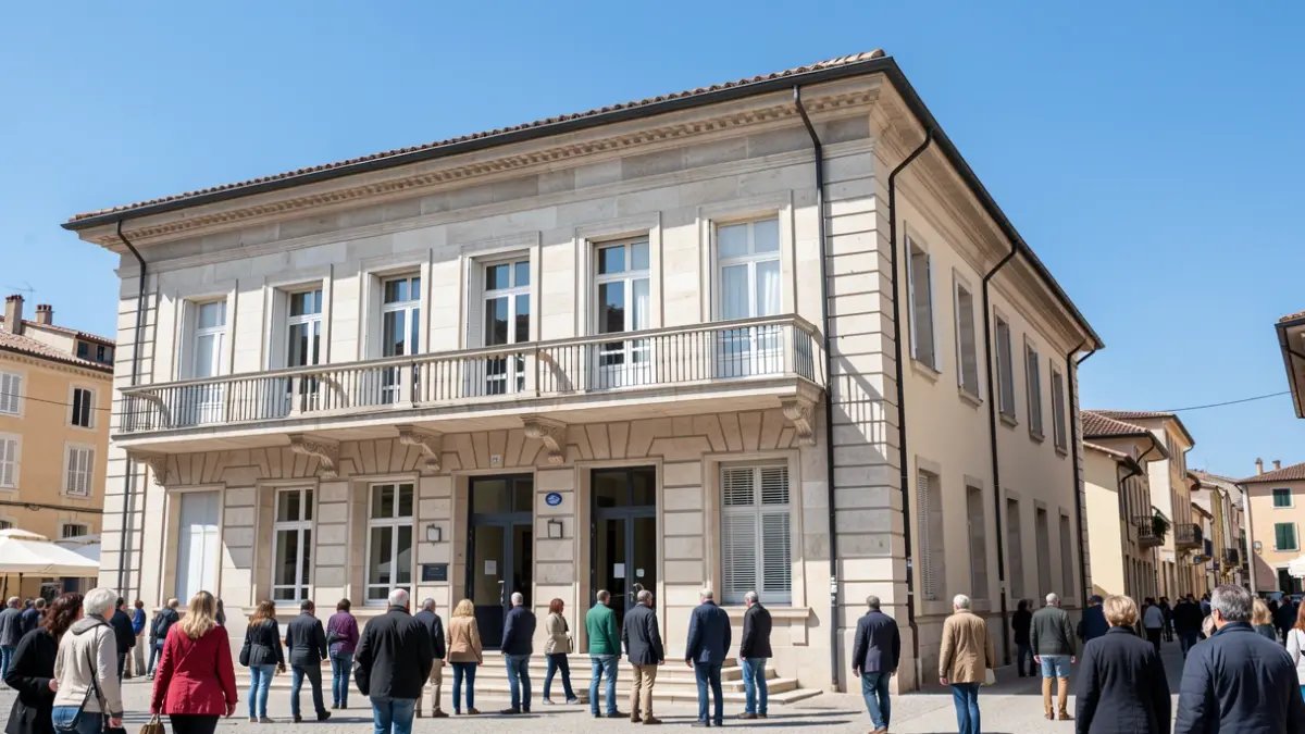 Generic image of the facade of a modern municipal building in the South of France, under a blue sky.