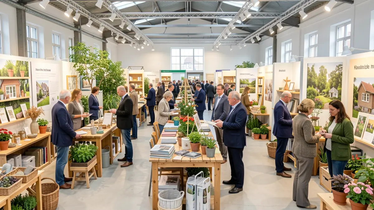 Interior of a home expo with professional stands and visitors.