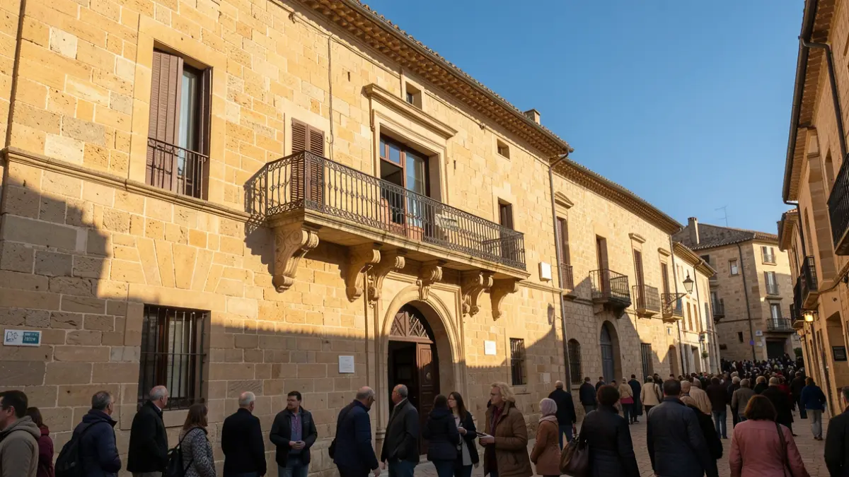 Generic image of a stone town hall facade in the South-West, with an ornate balcony and iron railings. Warm afternoon light.