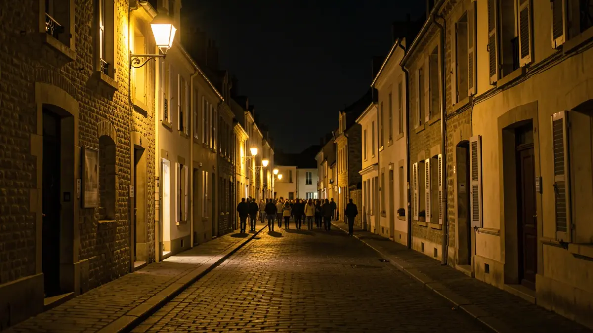 Image générique d'un lampadaire allumé dans une rue de Samatan la nuit.