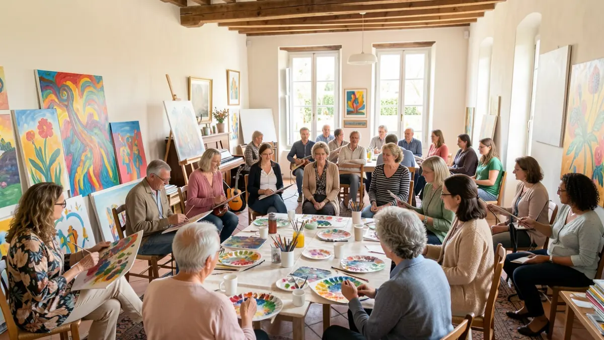 Generic image of a collective art therapy session in a Southern French architectural setting.