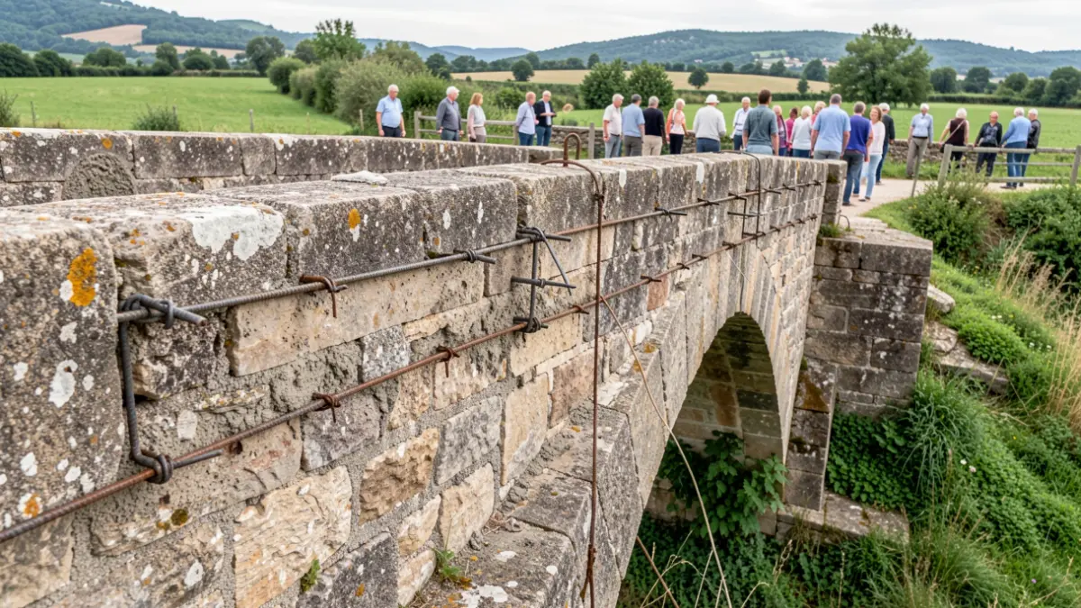 Image générique de la structure d'un pont en pierre en cours de consolidation dans un paysage rural d'Occitanie.