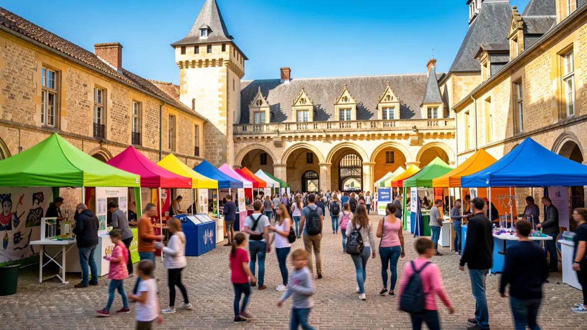 Generic image of a science village set up in the courtyard of a historic castle in the South-West of France, with colorful tents and participants exploring interactive exhibits.