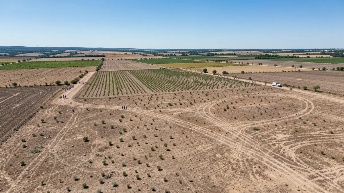 Generic image of vast agricultural fields in the Occitanie region, showing signs of drought under a blue sky.