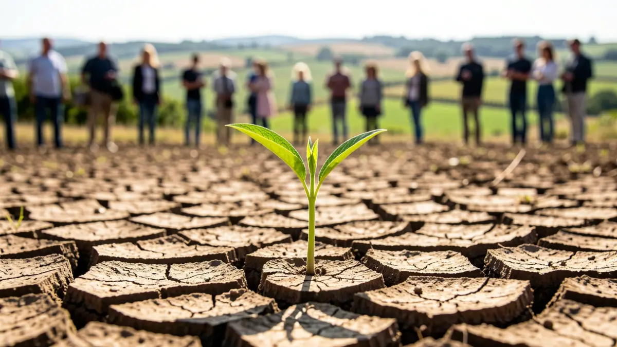 Cracked earth from drought with a young green sprout, blurred agricultural fields in the background under intense sun.