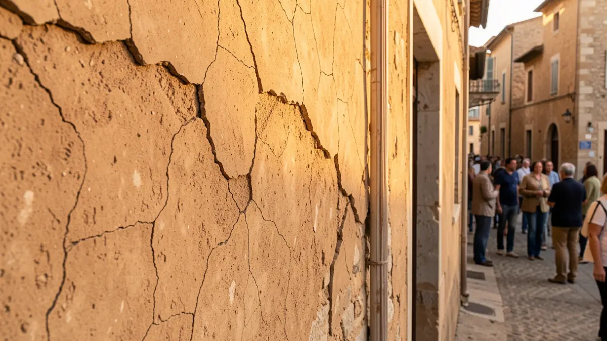 Cracks on the facade of a house in Lectoure due to drought.