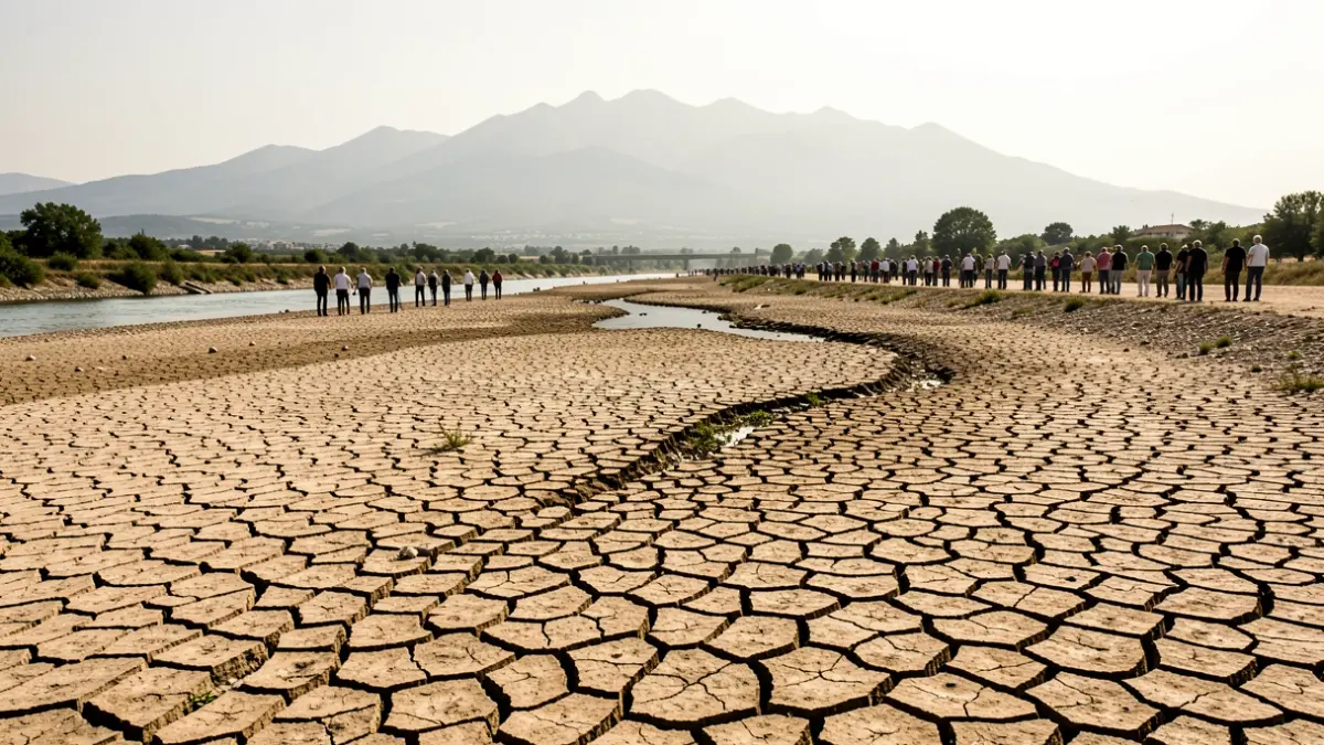 Dry riverbed of the Agly river in Occitanie, cracked earth, Pyrenees mountains in the distance under a hazy, hot sun.