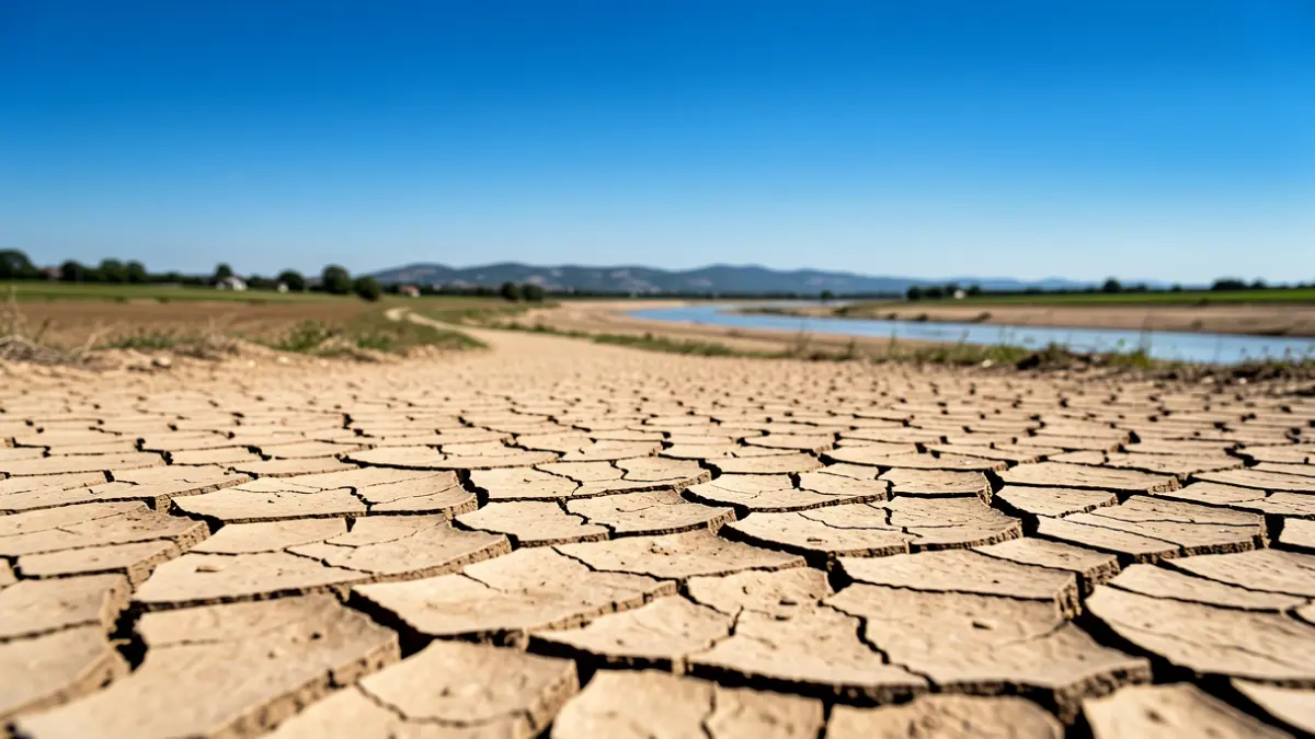 Image générique de sécheresse en Haute-Garonne, terre craquelée sous un ciel bleu intense.