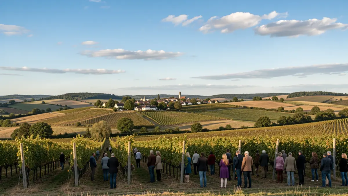 Image générique: des vignes et un village au loin sous un ciel bleu.