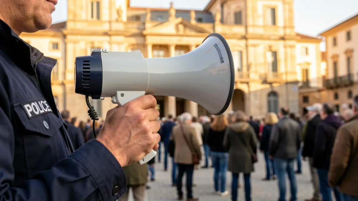 Image générique d'une main tenant un mégaphone devant une façade d'hôtel de ville.