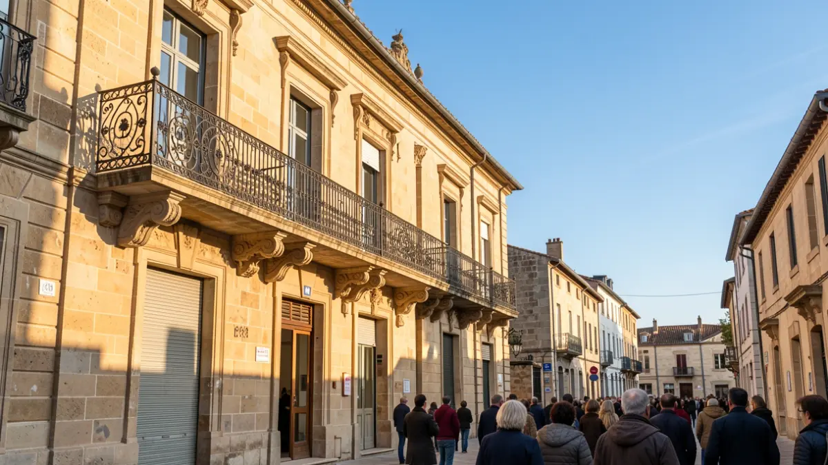 Generic image of a stone town hall facade in Occitanie with an ornate balcony and iron railings, warm afternoon sunlight, blue sky.