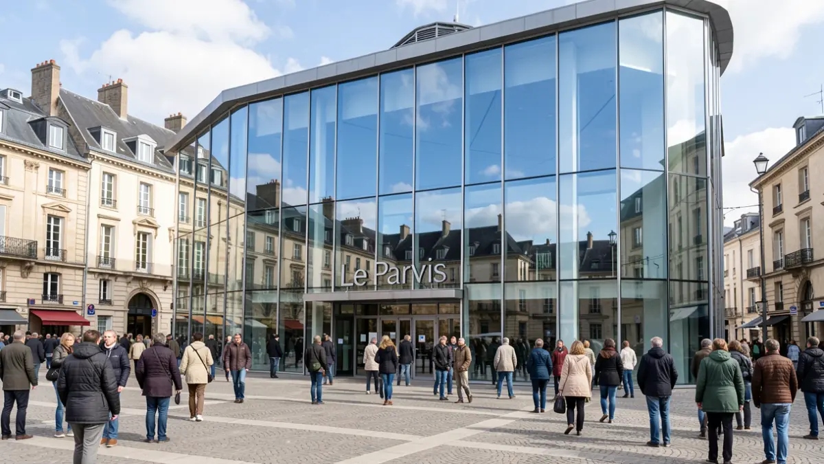 Image générique d'une façade de centre culturel moderne avec de grandes fenêtres vitrées reflétant un ciel bleu.