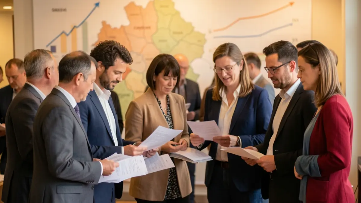 Generic image of a professional meeting with diverse participants and a regional map in the background.