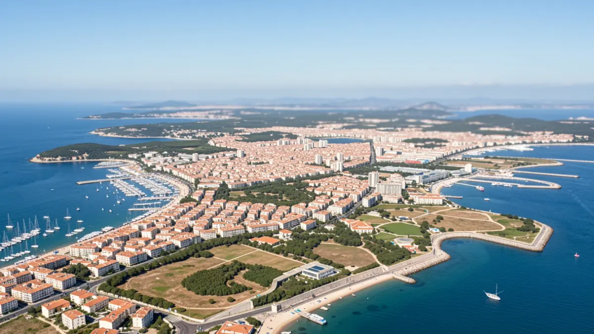 Aerial view of the Sète Agglopôle Méditerranée territory, mixing urban areas, coastline, and natural landscapes.