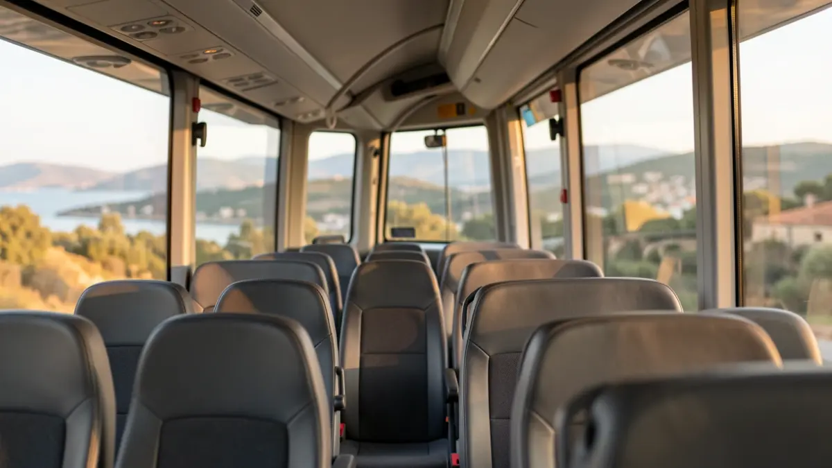 Interior of a modern bus with empty seats and large windows.