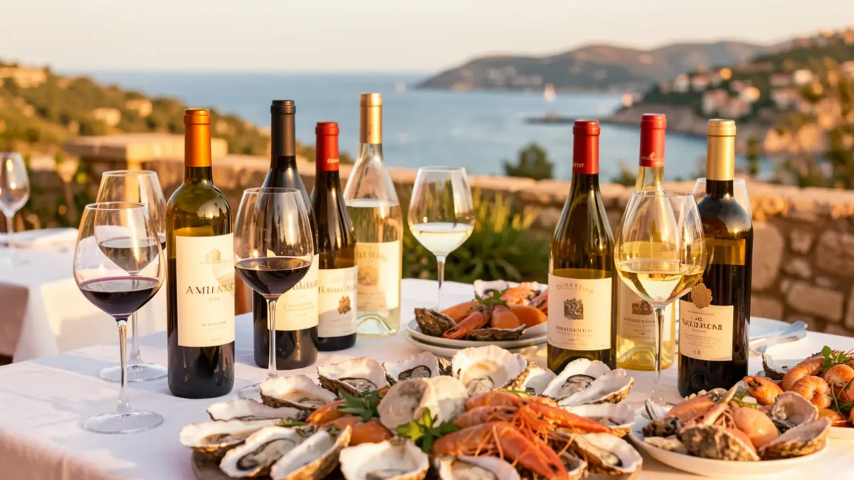 Image générique de vins et de fruits de mer sur une table, avec un arrière-plan évoquant le littoral méditerranéen.