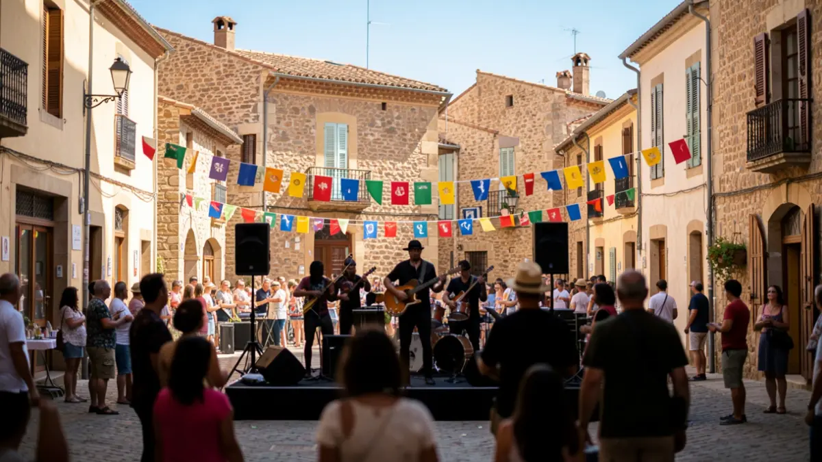Generic image of a festive street scene in a southern French town, with blurred artists and colorful banners.