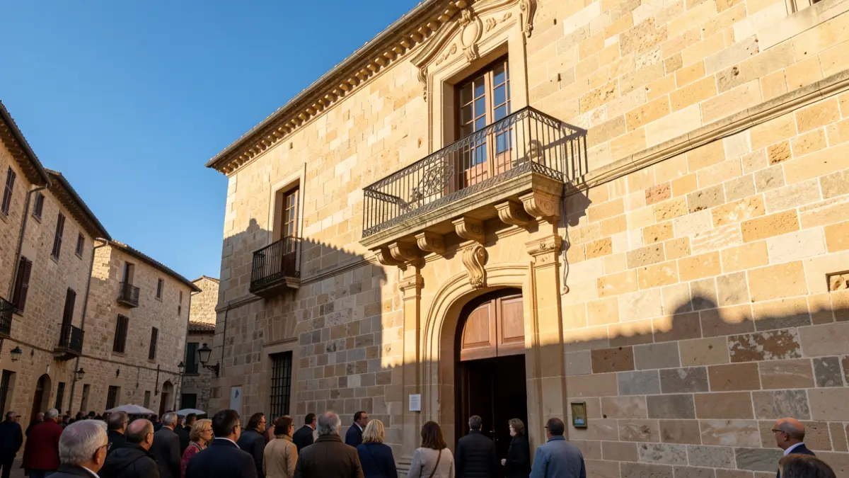 Image générique de la façade d'un hôtel de ville en pierre dans le style architectural du Sud-Ouest de la France, avec un balcon orné et des barreaux en fer forgé, baignée par la lumière chaude du soleil de l'après-midi.