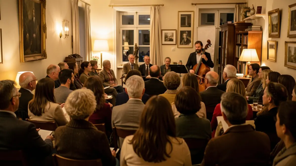 Scène d'une lecture de poésie intime et chaleureuse dans une salle comble, avec un violoncelliste en arrière-plan.