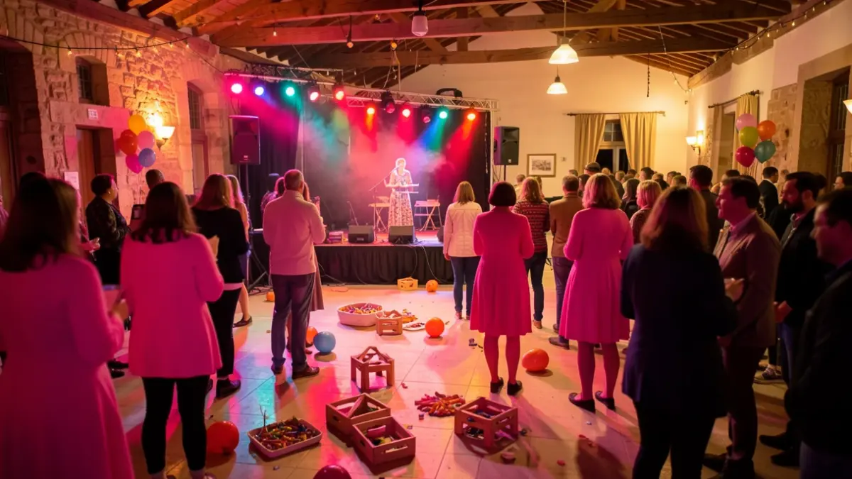 Generic image of a festive and solidarity evening in a multi-purpose hall, with colorful lights and silhouettes of participants.