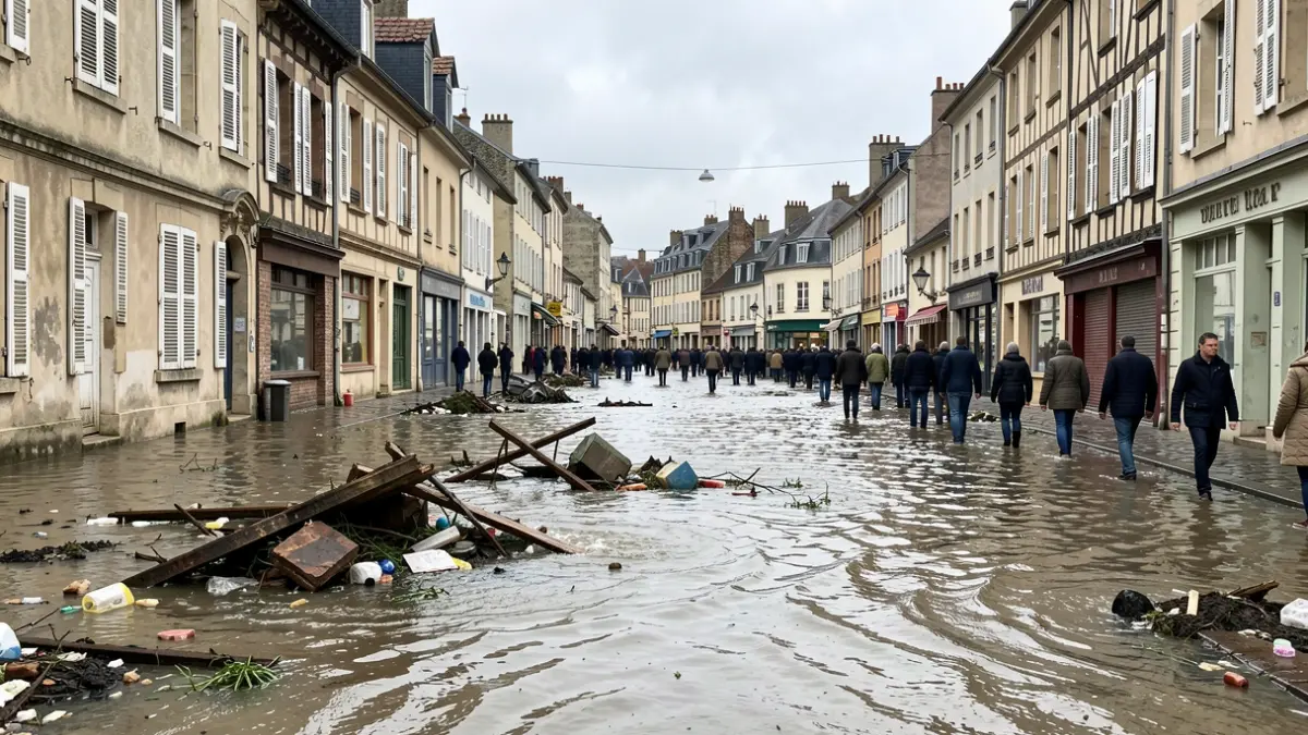 Generic image of flooded streets in a southern French town, with visible debris and an overcast sky.