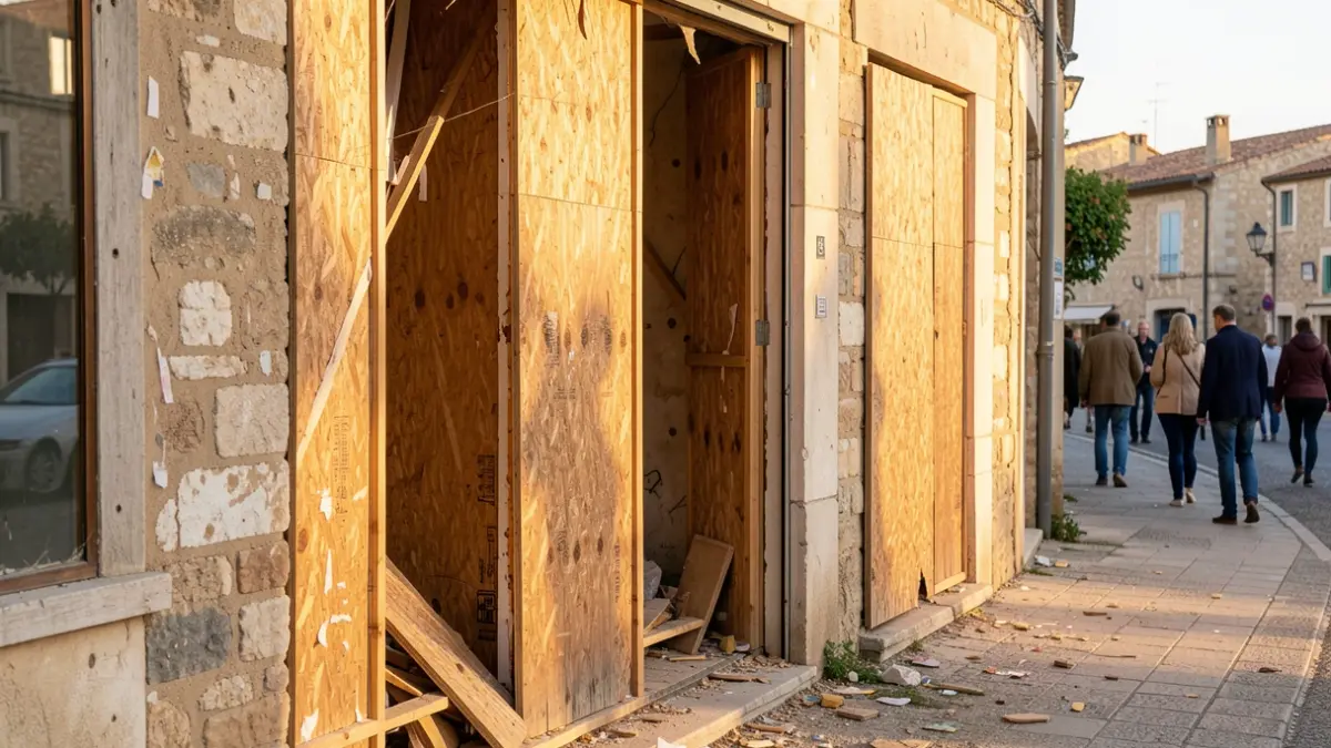 Image générique de vitrines de magasins endommagées avec des débris sur le trottoir, reflétant la lumière du soleil de fin d'après-midi.