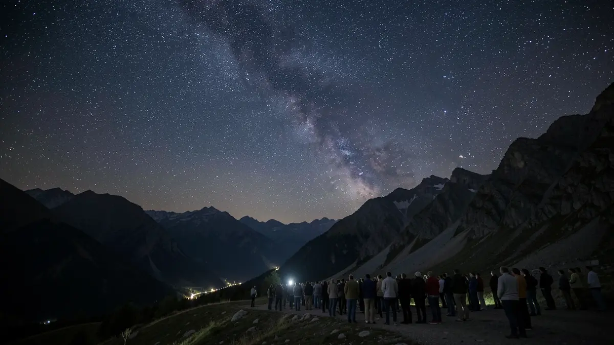 Starry night sky over a dark mountainous landscape with subtle, low-level artificial lights indicating a protected dark sky area.