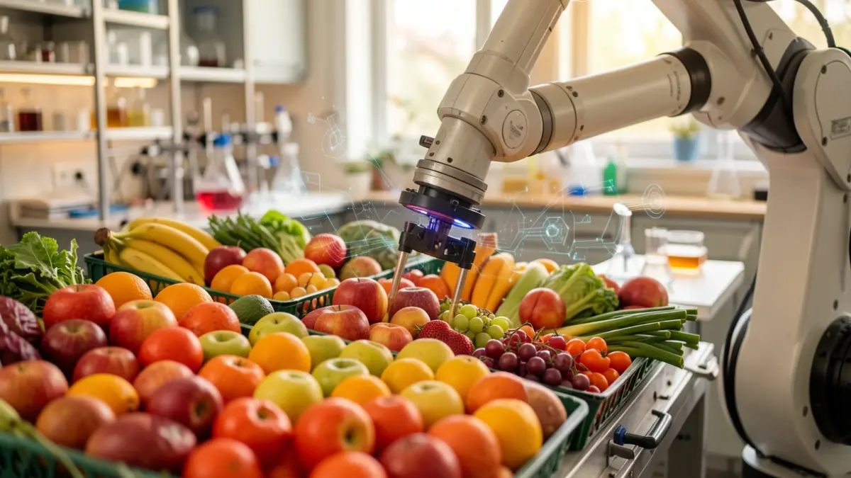 Image générique de fruits et légumes colorés triés par un bras robotique, avec des effets visuels discrets sur le thème de l'IA, sur fond flou de laboratoire scientifique ou de cuisine.