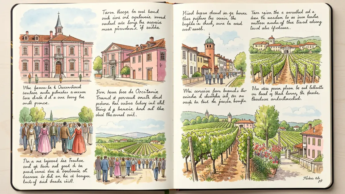 Page de carnet de voyage illustrant des scènes de la région Centre Tarn, avec des croquis d'architecture locale, de vignobles et de nature.