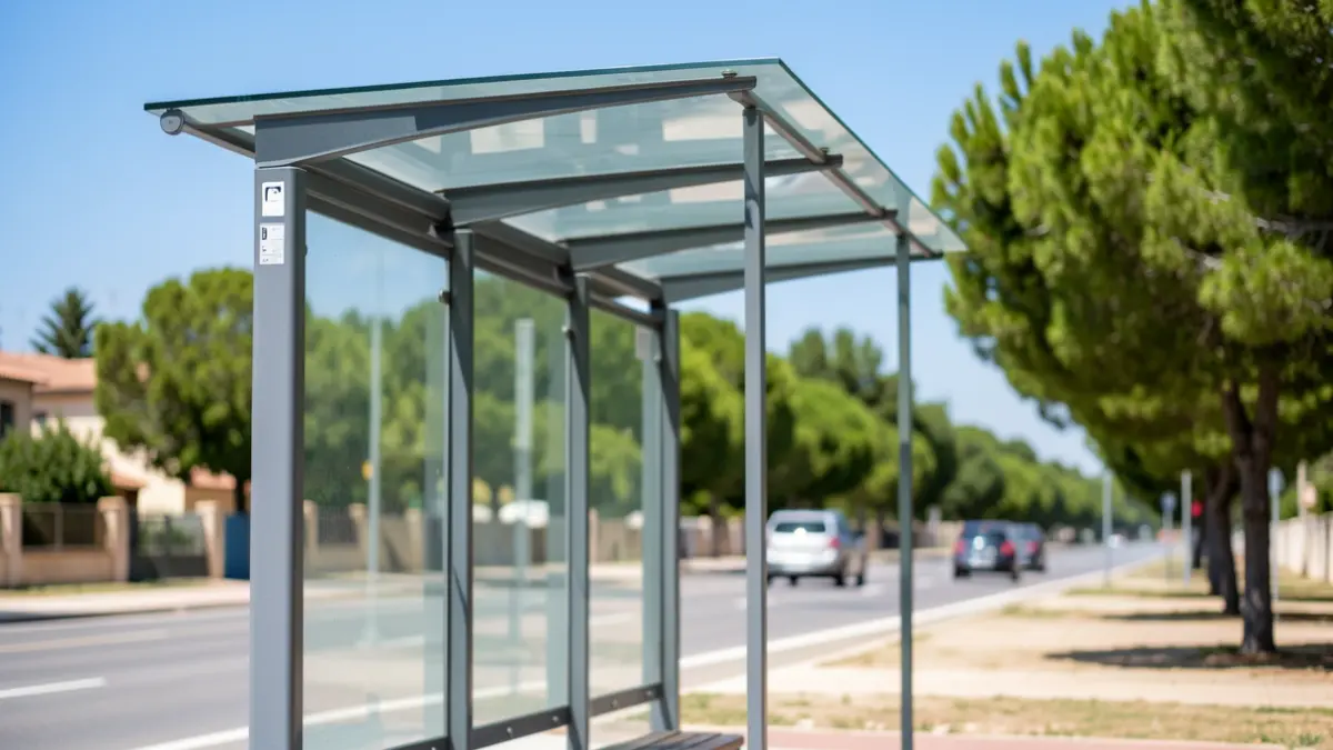 Modern bus stop shelter in an Occitanie suburban area, with a road and trees in the background under a blue sky.