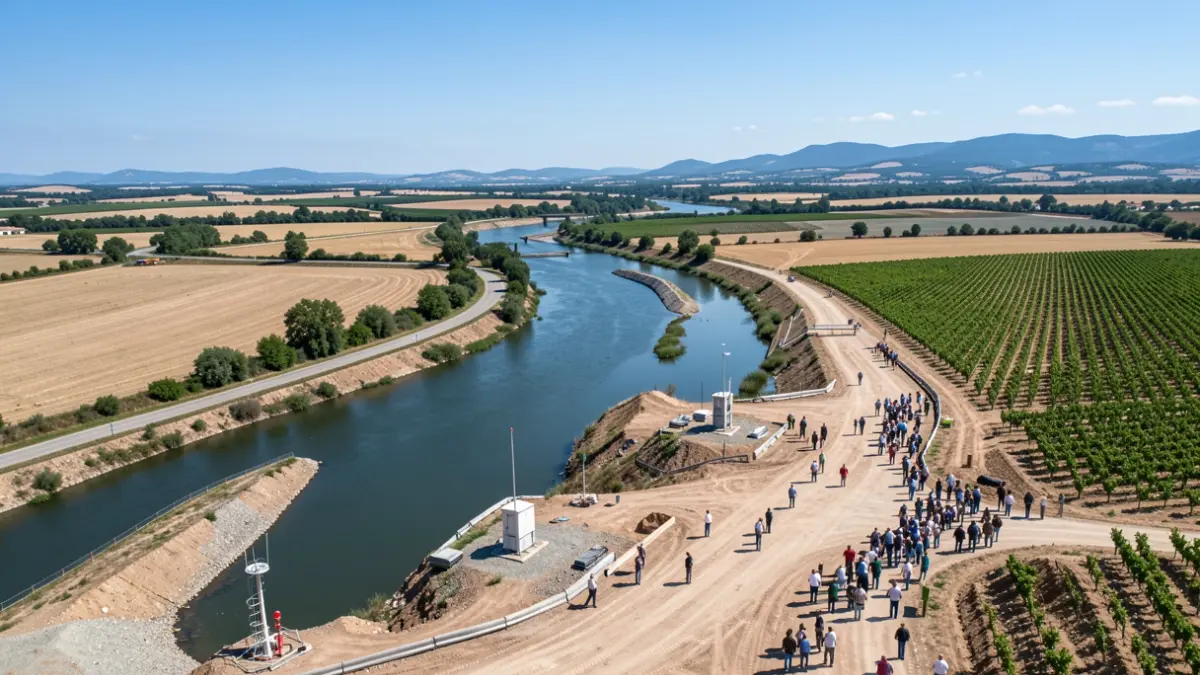 Image générique de digues de rivière avec équipement de suivi dans un paysage du sud de la France.
