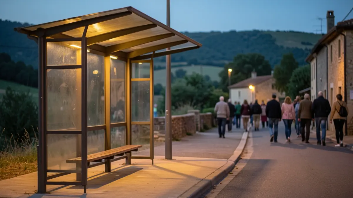 Generic image of a bus stop in a rural Occitanie village at dusk.