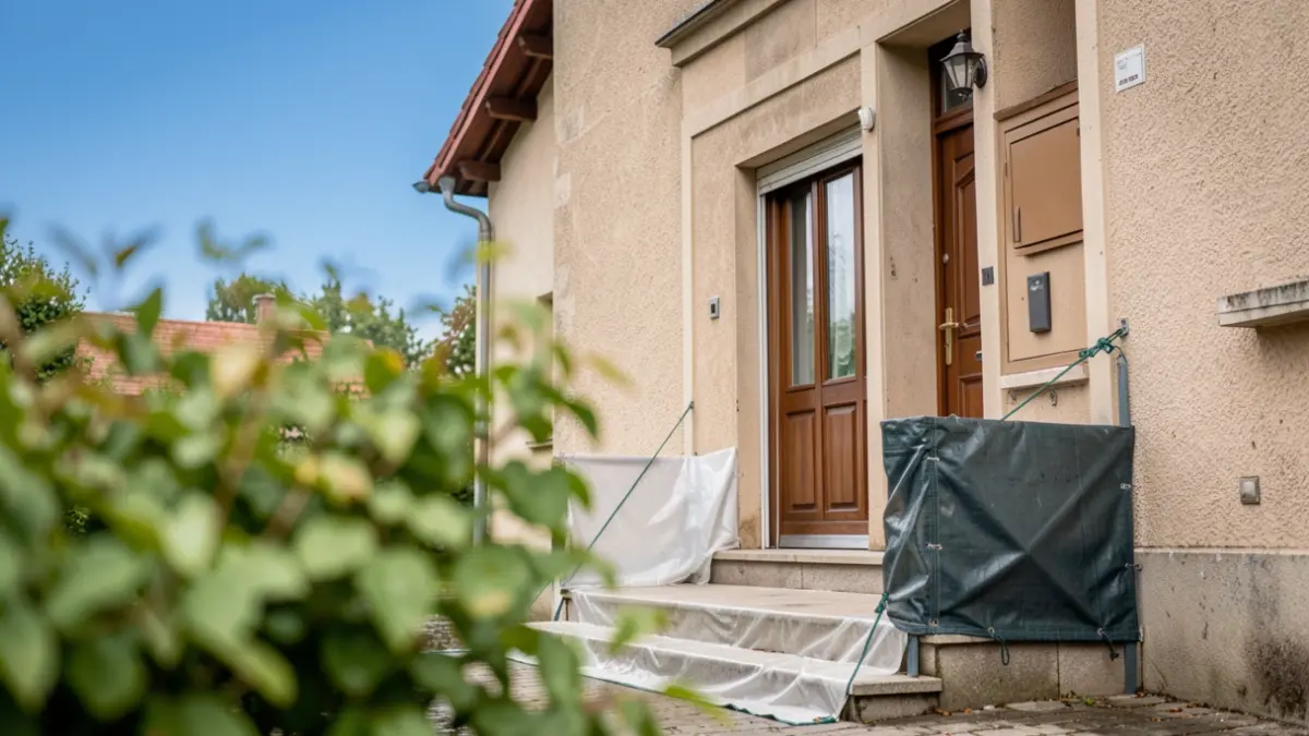 Image of a house with a flood barrier installed in front of the door.