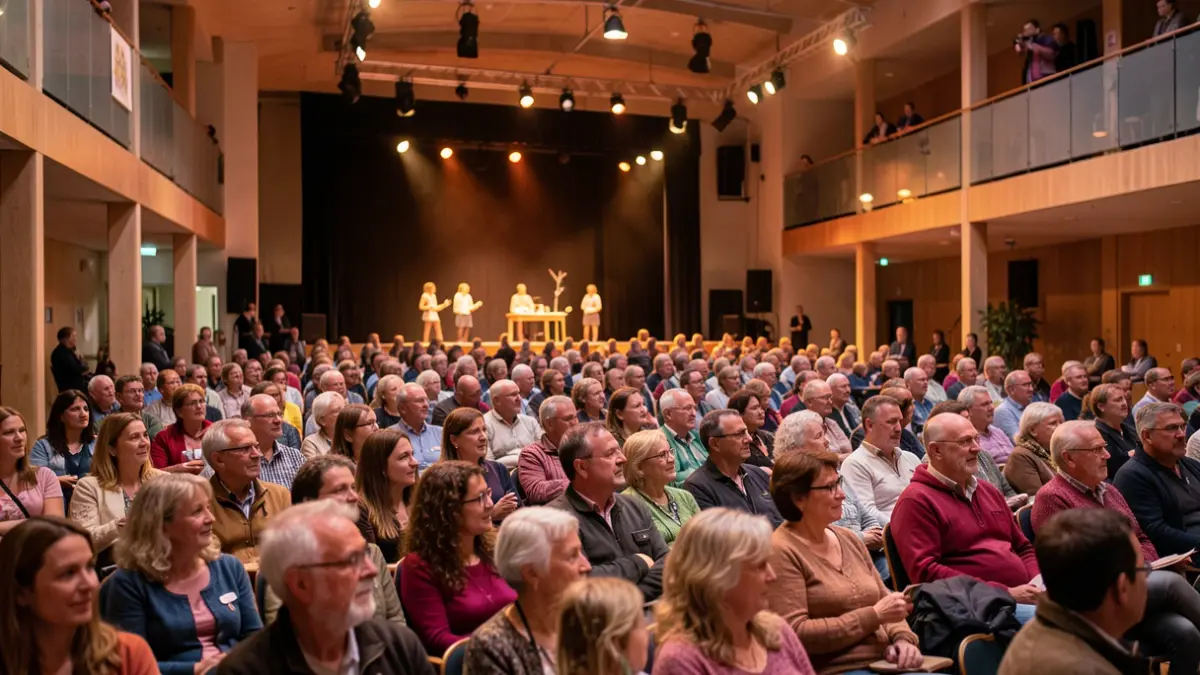 Foule diverse assistant à une pièce de théâtre amateur dans un centre culturel à Toulouse, ambiance chaleureuse et éclairage de scène.