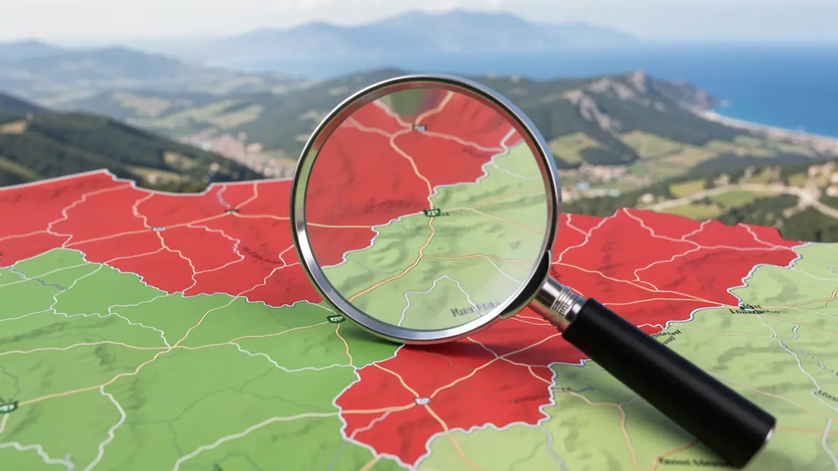 Map of Thuir's PPRI flood zones, with a magnifying glass and a landscape of the Pyrénées-Orientales.