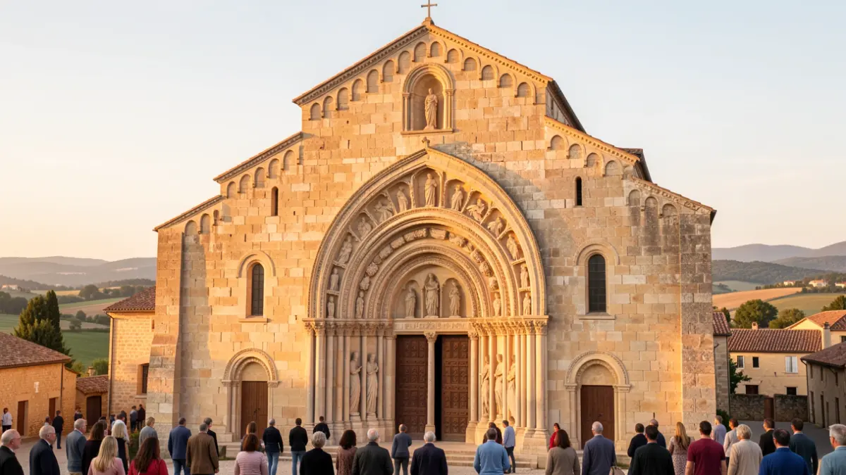 Façade de l'église romane de l'Assomption-de-la-Vierge à Toulouges avec son portail roman.