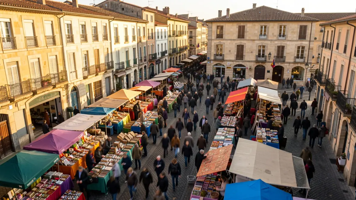 Aerial view of a bustling street market in Toulouse, with colorful stalls and blurred figures of people browsing, under the afternoon sun.
