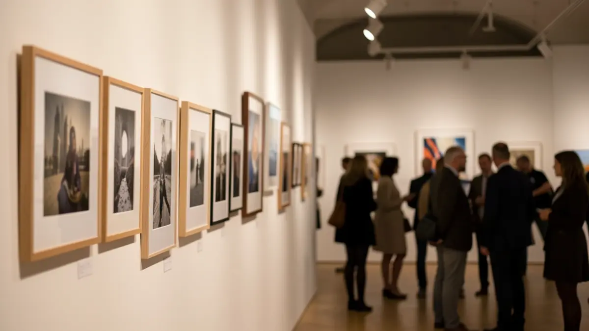 Image générique d'une exposition photographique avec des œuvres encadrées sur un mur, dans une ambiance lumineuse douce.