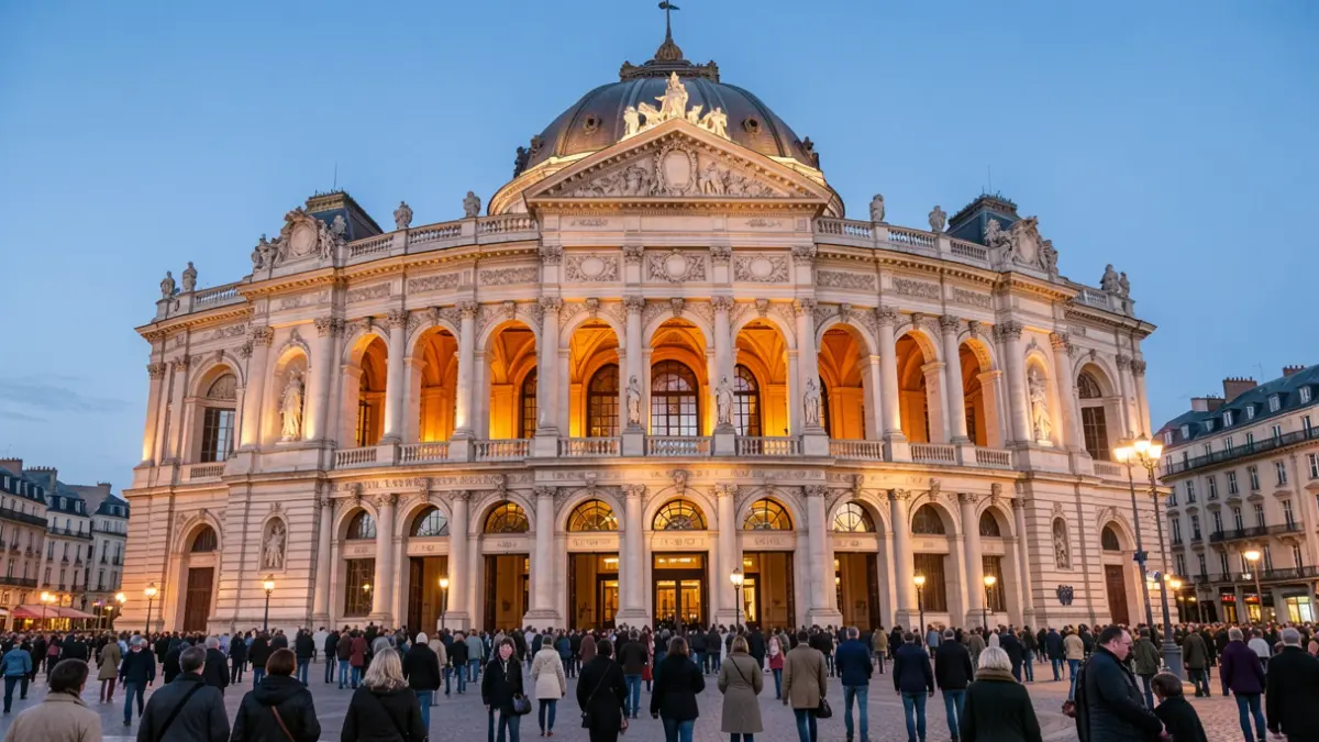 Image générique de la façade d'un opéra historique à Toulouse, France, avec des détails architecturaux ornés et des lumières chaudes du soir.