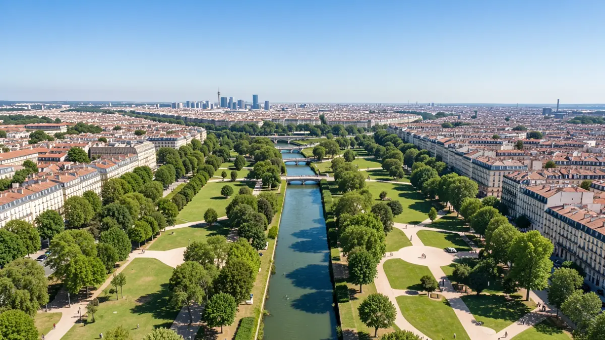 Image générique d'un grand parc urbain traversé par un cours d'eau, avec des espaces verts et des ponts.