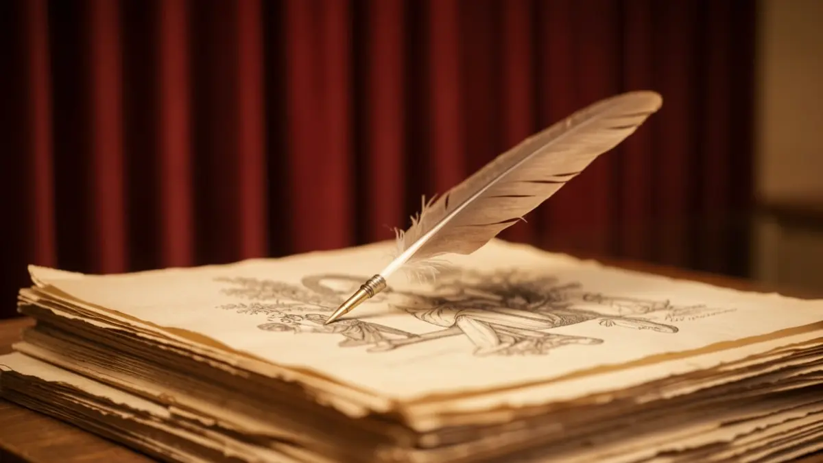 Generic image of a writing quill resting on manuscripts, with blurred stage curtains in the background.