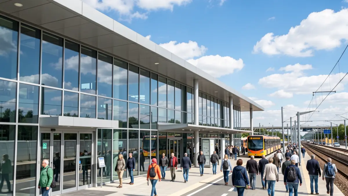 Image générique de la façade d'un pôle de mobilité moderne avec des éléments architecturaux épurés et des voies de transport intégrées.