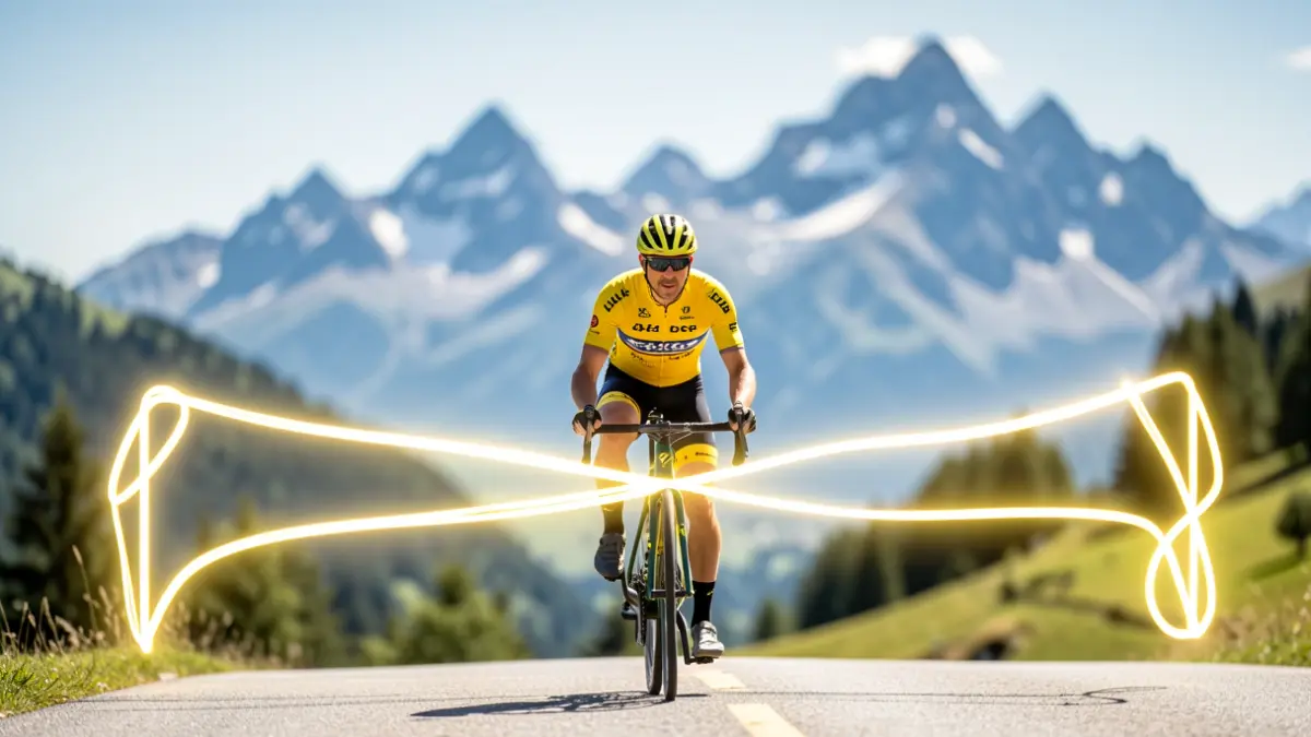 Generic image of a cyclist crossing a symbolic finish line, with the Pyrenees in the background.