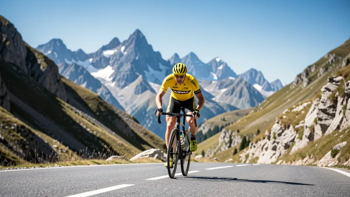 Image générique d'un cycliste franchissant un col de montagne dans les Pyrénées, avec des sommets enneigés et un ciel bleu.