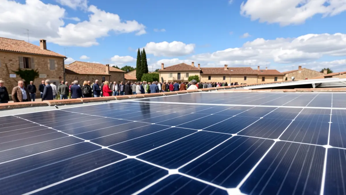 Generic image of solar panels on a roof with a blue sky and clouds in the background. Occitanie region architecture is visible in the background.