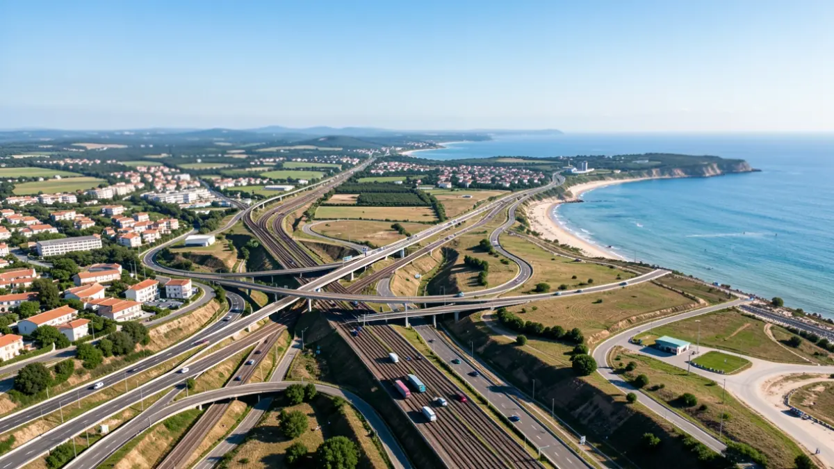 Aerial view of the Occitanie region's transport network, showing highways, railway lines, and the coastline.